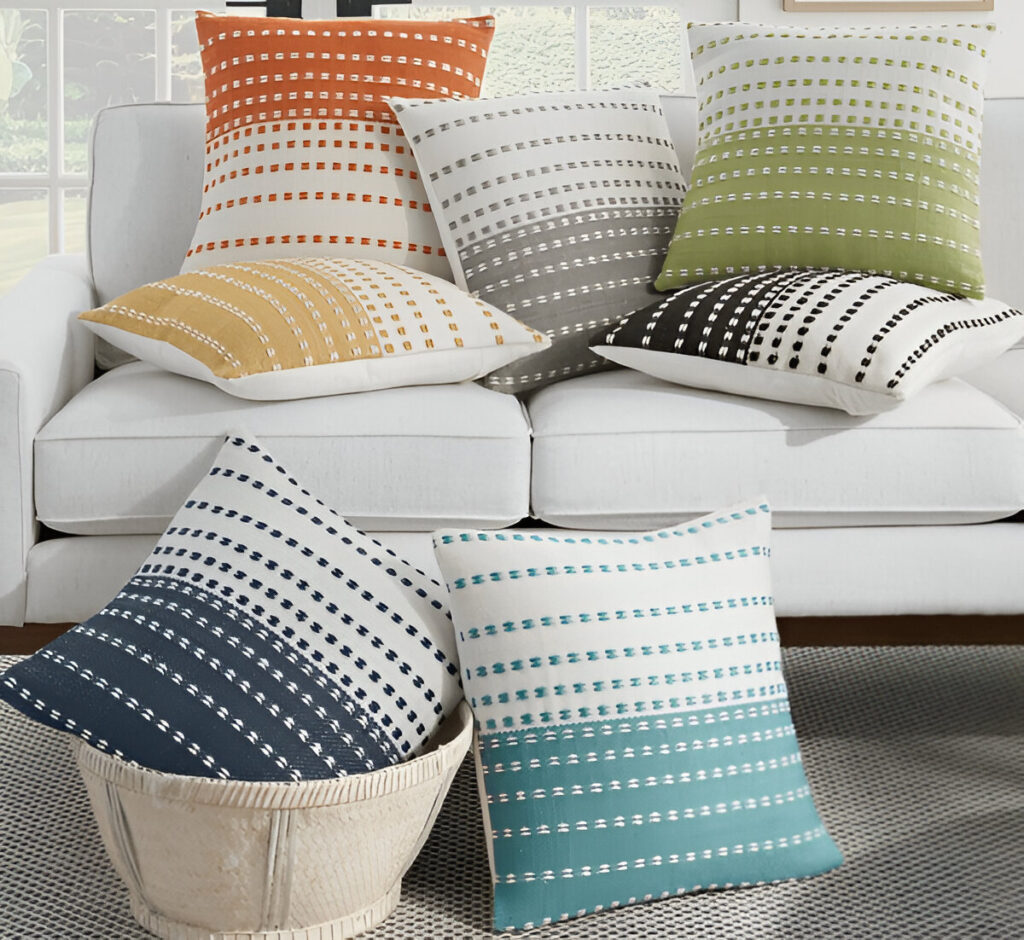 Striped decorative throw pillows in multiple colours including orange, grey, green, black, blue, teal and mustard yellow – modern cotton cushion covers for sofas, beds or chairs.